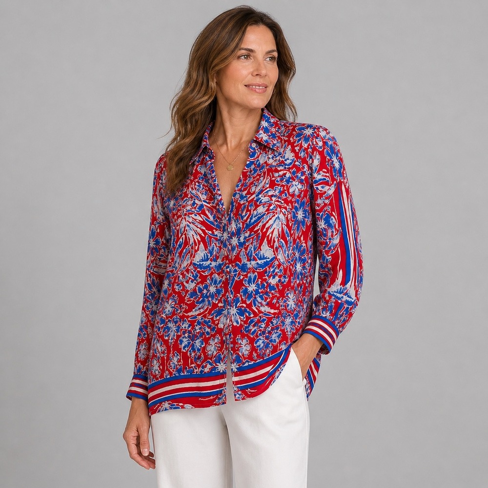 Tommy Hilfiger Womens Red Blue Tropical Floral Fleur Button Up Blouse Large